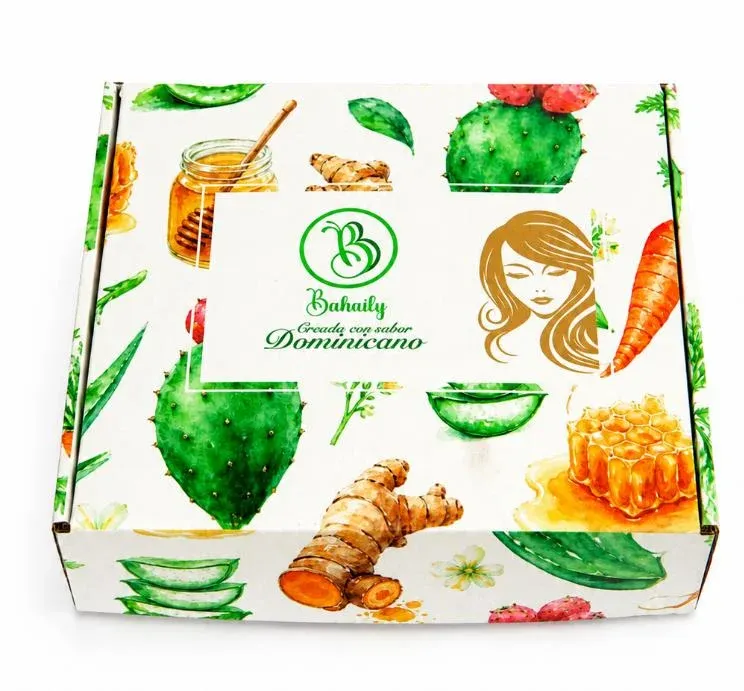 Caja cerrada del Kit Pelo Perfecto con ilustraciones de nopal, aloe, cúrcuma, miel y zanahoria